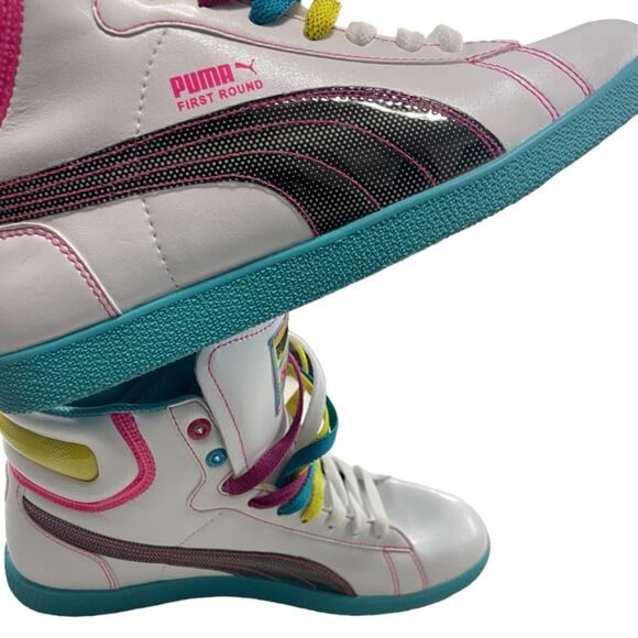 Puma Women's High Top Sneakers White Leather Trainers Neon 8.5 Y2K - Picture 7 of 10